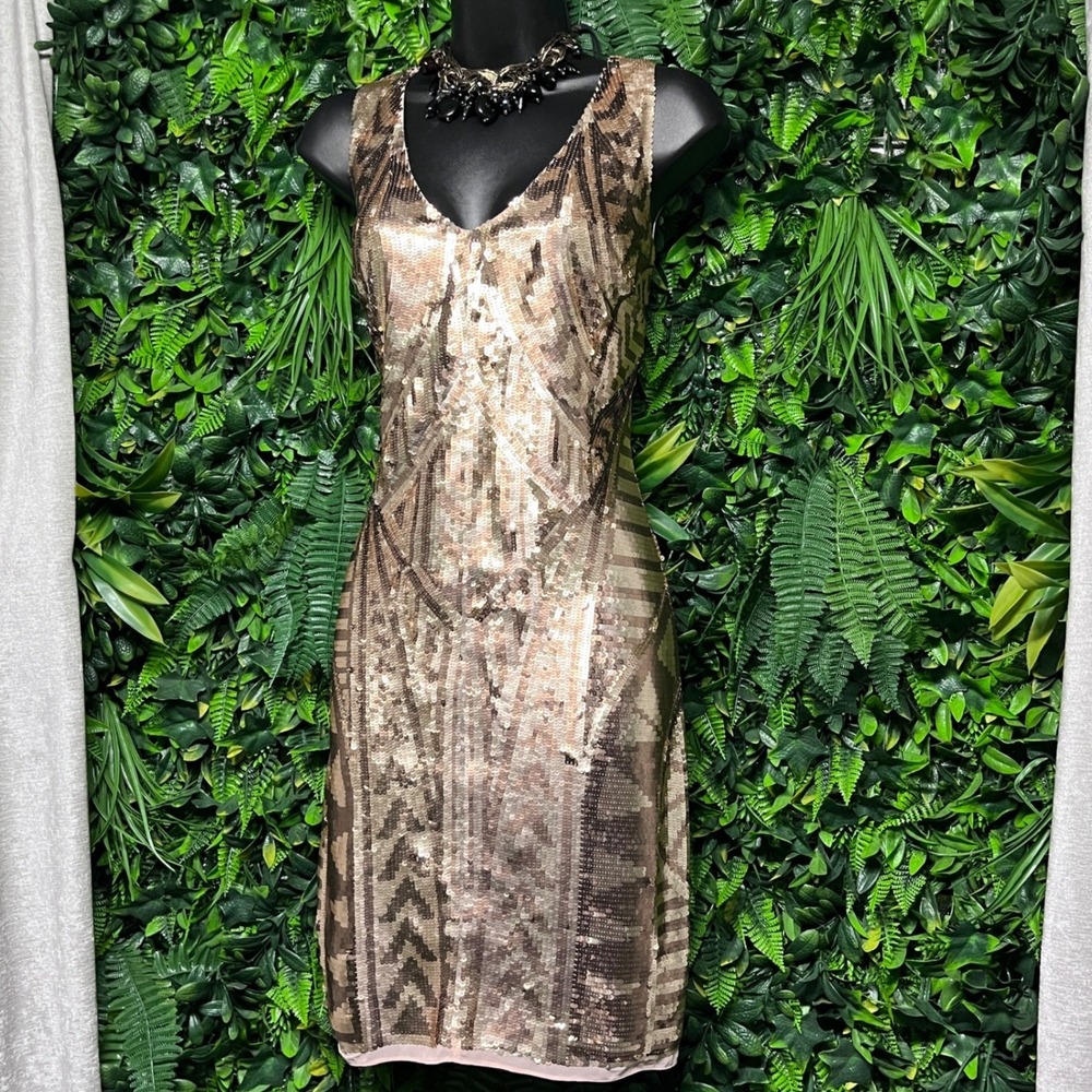 Aidan Mattox Dress 8 Champagne Bronze Geometric Sequin Sheath Cocktail 4155 NWT